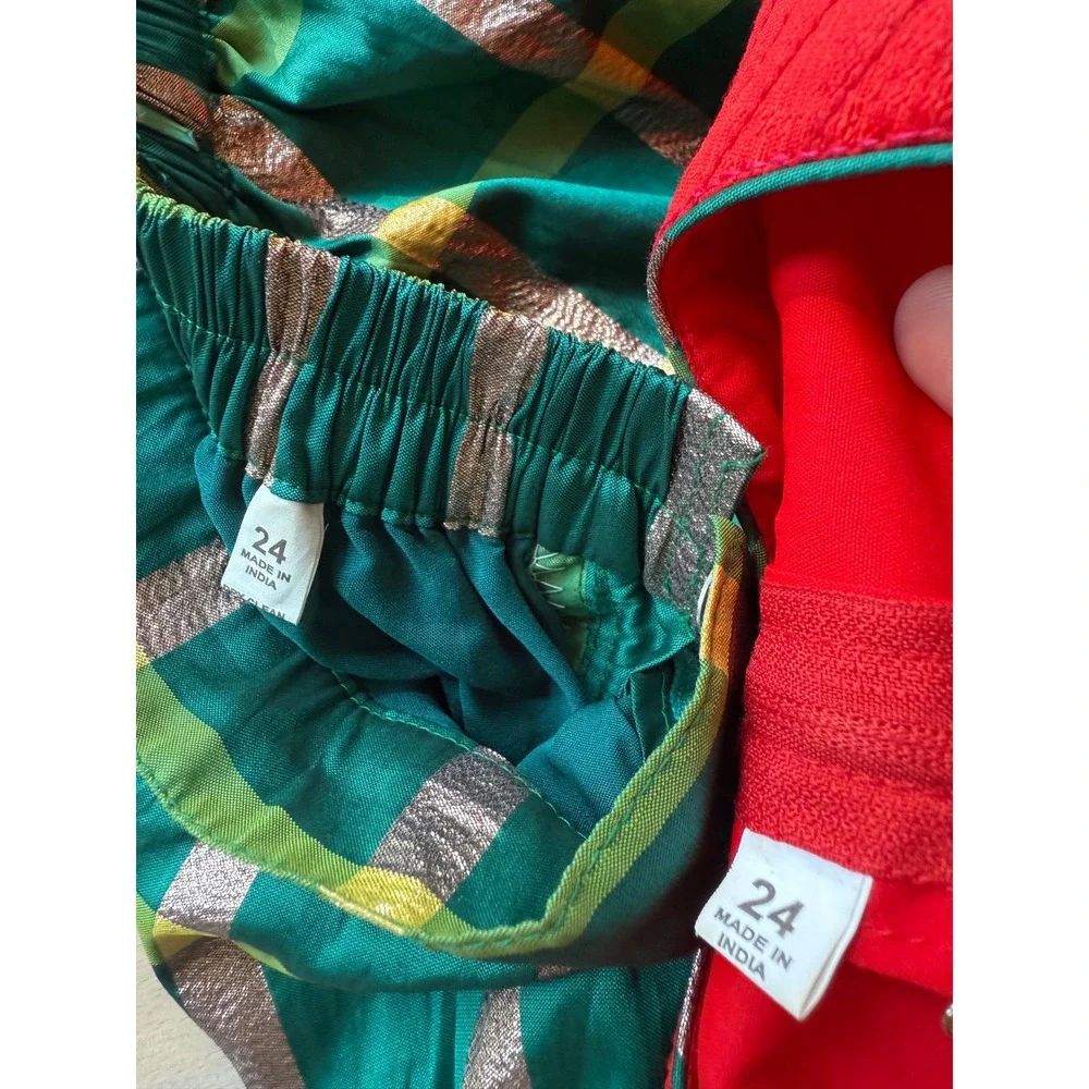 Girls Pavadai Paithani Embroidered Vest & Green Plaid Skirt Set Holiday‎ SZ 24M